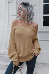 Off-Shoulder Ribbed Long Sleeve Pullover Sweater - Trendsi - Flyclothing LLC