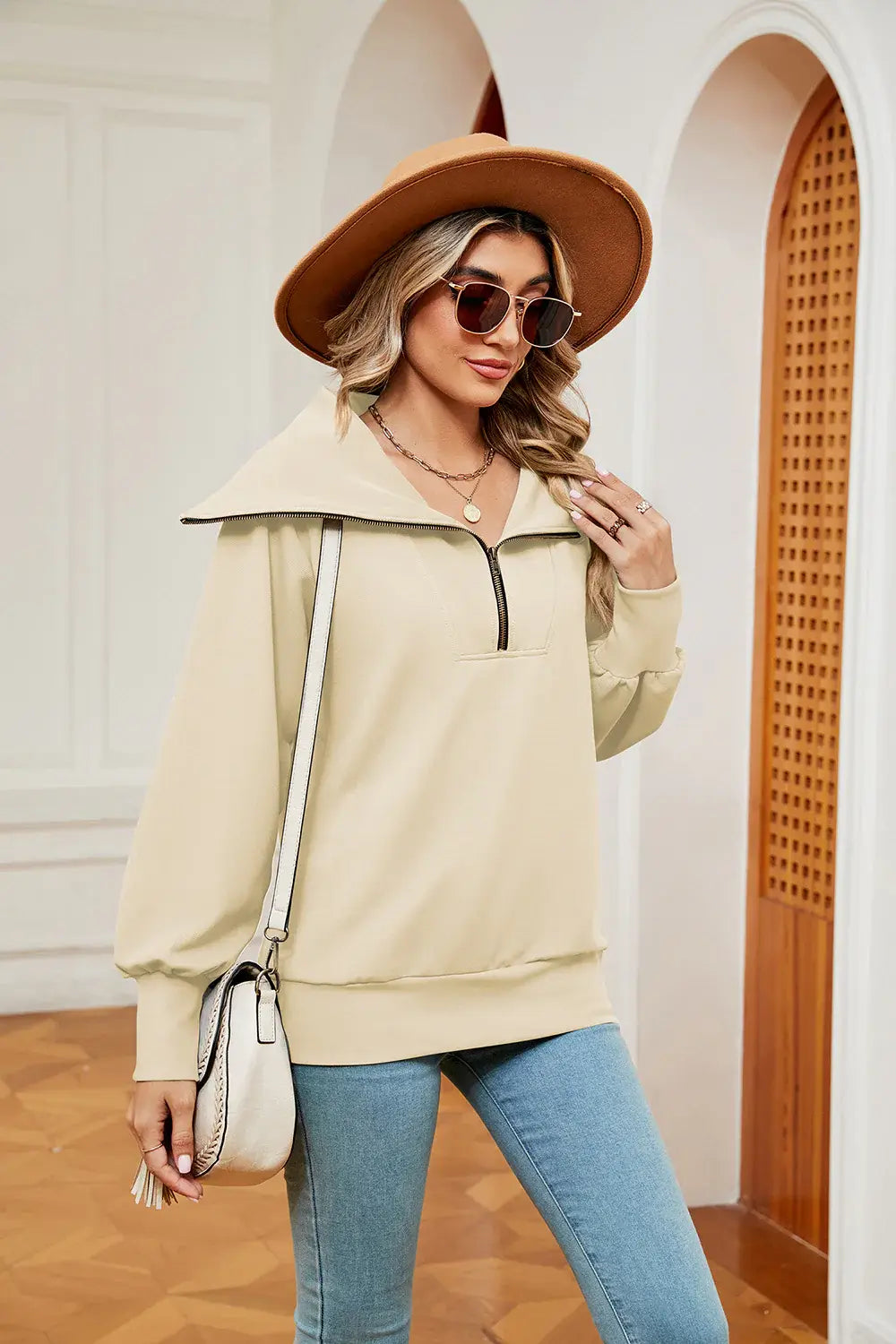 Half-Zip Collared Sweatshirt - Trendsi - Flyclothing LLC