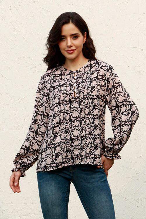 Floral Flounce Sleeve Round Neck Blouse - Trendsi - Flyclothing LLC