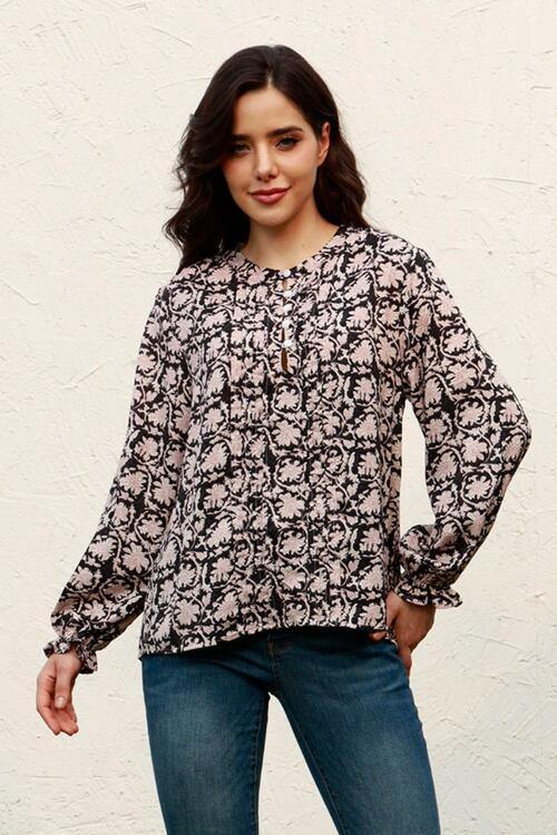 Floral Flounce Sleeve Round Neck Blouse - Trendsi