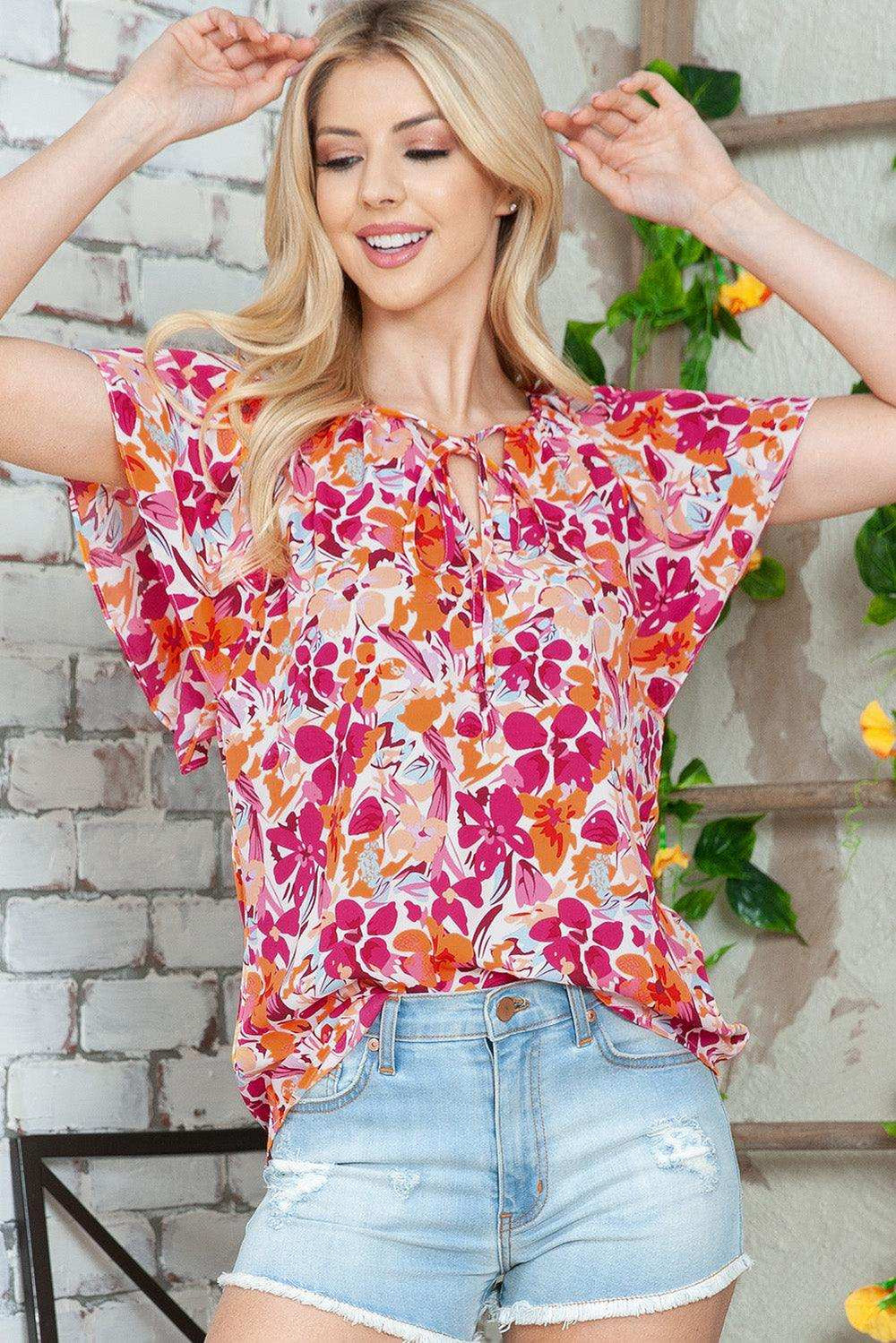 Floral Tie Neck Flutter Sleeve Blouse - Trendsi - Flyclothing LLC
