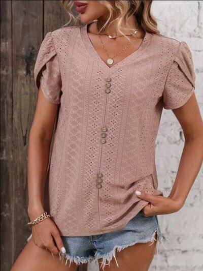 Eyelet V-Neck Petal Sleeve T-Shirt - Trendsi