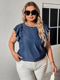 Plus Size Round Neck Flounce Sleeve Frill Trim Blouse - Trendsi