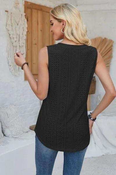 Eyelet Decorative Button V-Neck Tank - Trendsi - Flyclothing LLC