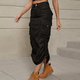 Drawstring Ruched Slit Denim Midi Skirt - Trendsi - Flyclothing LLC