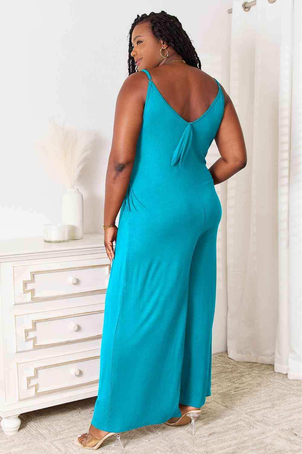 Double Take Full Size Soft Rayon Spaghetti Strap Tied Wide Leg Jumpsuit - Trendsi - Flyclothing LLC