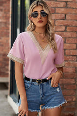 Openwork V-Neck Short Sleeve T-Shirt - Trendsi - Flyclothing LLC