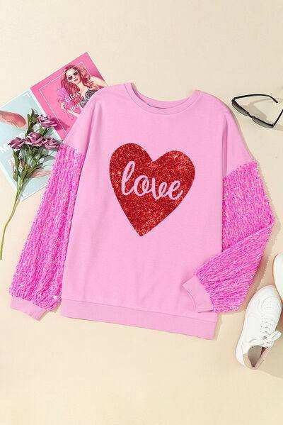 LOVE Heart Sequin Dropped Shoulder Sweatshirt - Trendsi - Flyclothing LLC