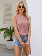 Eyelet Lace Detail V-Neck Tank - Trendsi - Flyclothing LLC