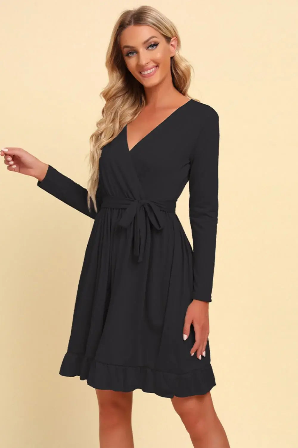 Long Sleeve Tie Waist Ruffle Hem Dress - Trendsi - Flyclothing LLC