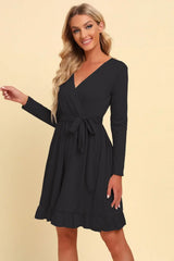 Long Sleeve Tie Waist Ruffle Hem Dress - Trendsi - Flyclothing LLC