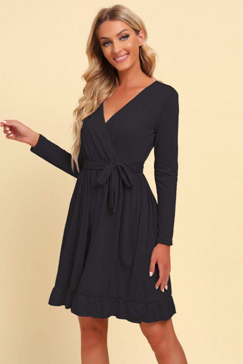Long Sleeve Tie Waist Ruffle Hem Dress - Trendsi - Flyclothing LLC
