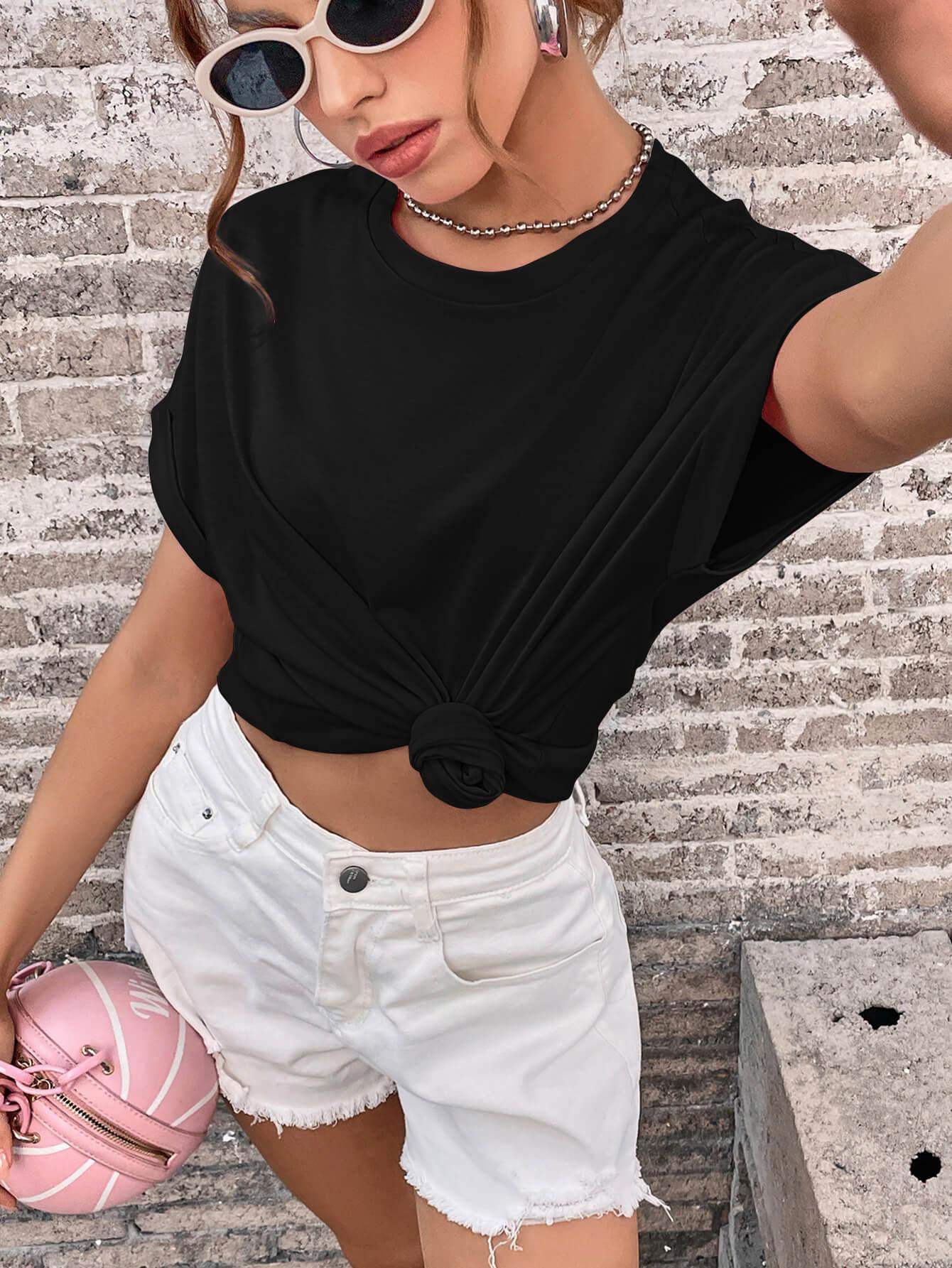 Round Neck Cuffed Sleeve T-Shirt - Trendsi - Flyclothing LLC