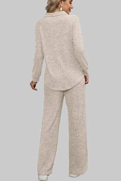 Ribbed Long Sleeve Top and Pocketed Pants Set - Trendsi - Flyclothing LLC