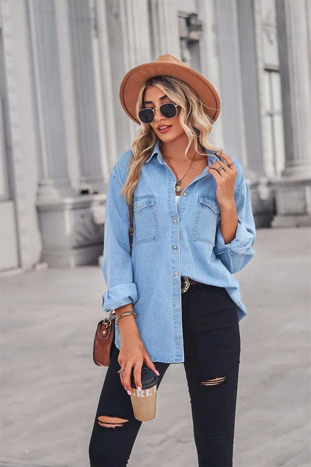 Collared Neck Dropped Shoulder Denim Top - Trendsi - Flyclothing LLC