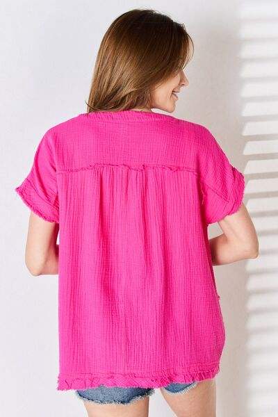 Zenana Full Size Raw Hem Short Sleeve Top - Trendsi - Flyclothing LLC