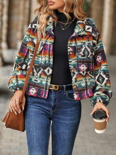 Geometric Dropped Shoulder Balloon Sleeve Outerwear - Trendsi - Flyclothing LLC