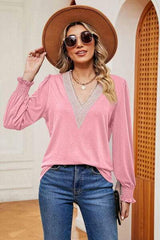 Lace Detail V-Neck Lantern Sleeve T-Shirt - Trendsi - Flyclothing LLC