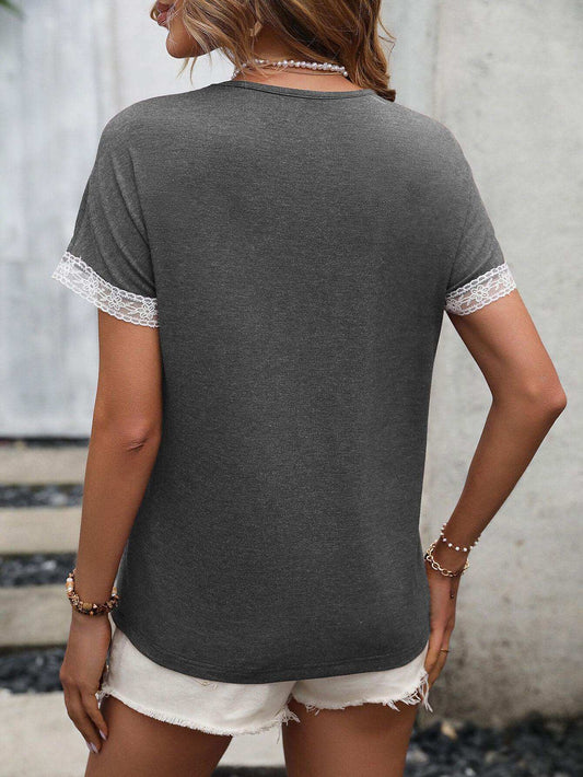 Contrast Round Neck Short Sleeve Tee - Trendsi - Flyclothing LLC