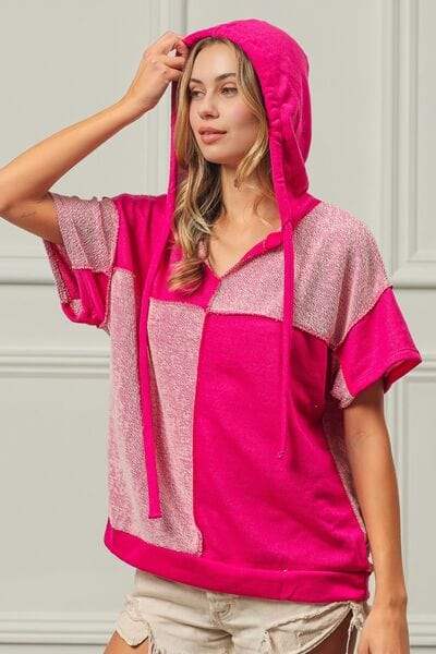 BiBi Color Block Exposed Seam Short Sleeve Hooded Top - Trendsi - Flyclothing LLC