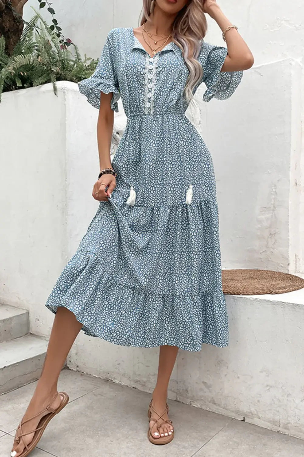 Printed Tassel Tie Flounce Sleeve Dress - Trendsi - Flyclothing LLC