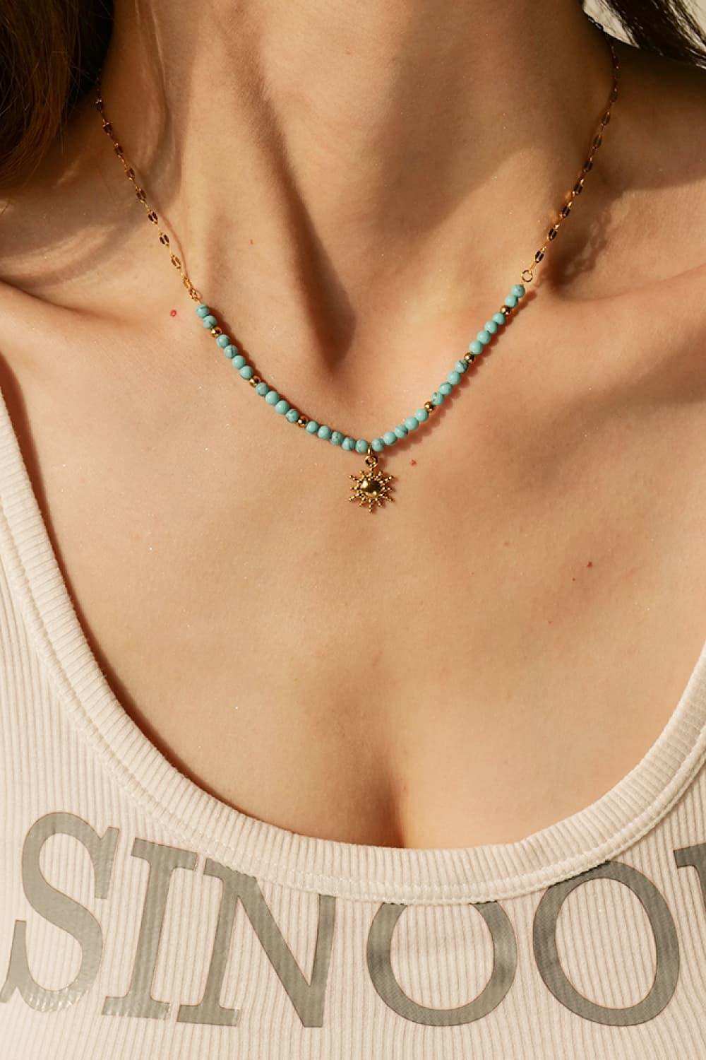 Turquoise Beaded 18K Gold-Plated Sun Shape Pendant Necklace - Trendsi - Flyclothing LLC