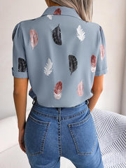Feather Print Lapel Collar Puff Sleeve Shirt - Trendsi