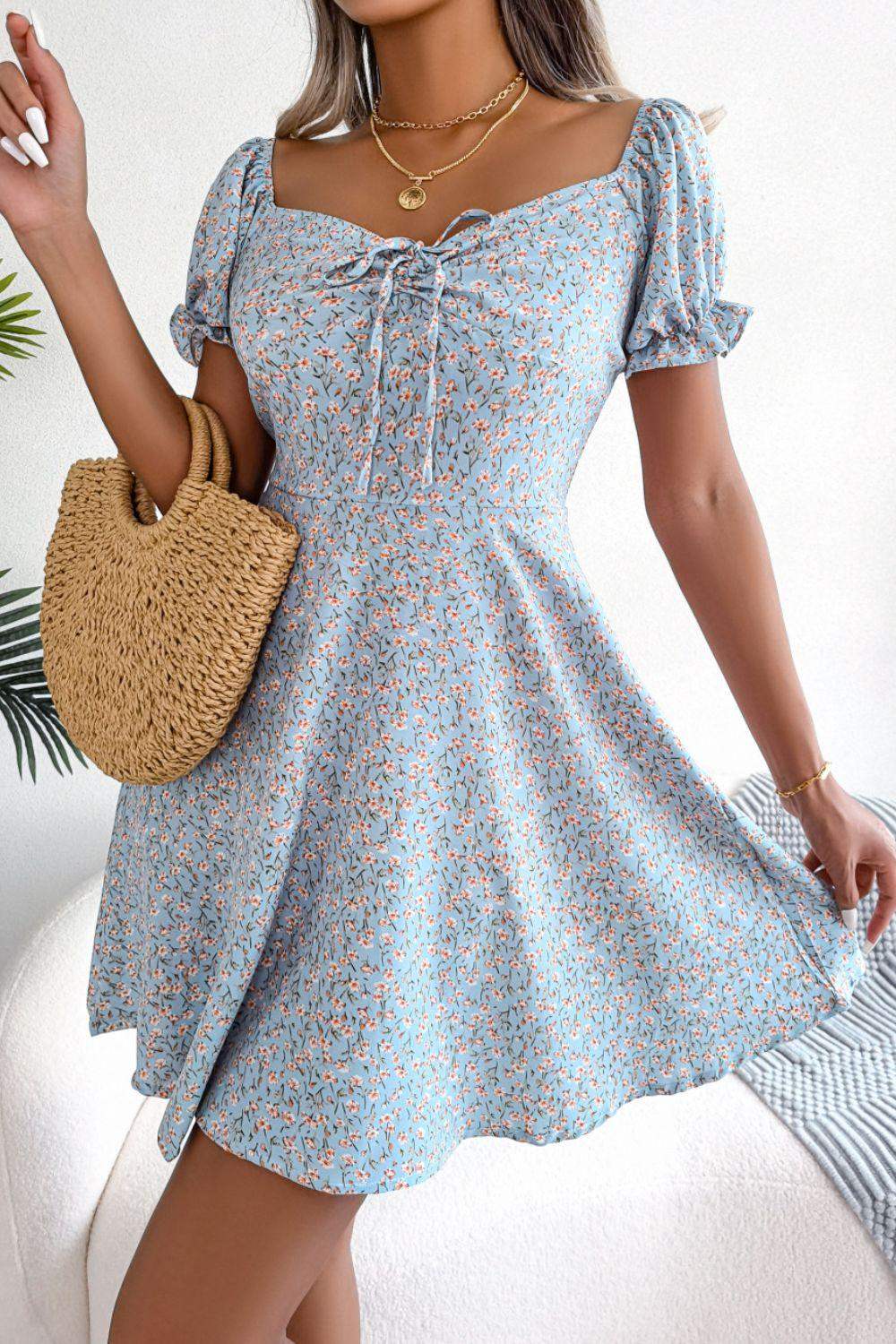 Ditsy Floral Drawstring A-Line Dress - Trendsi - Flyclothing LLC