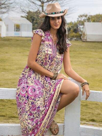 Ruffled Printed Tie Neck Cap Sleeve Dress - Trendsi - Flyclothing LLC