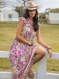 Ruffled Printed Tie Neck Cap Sleeve Dress - Trendsi - Flyclothing LLC