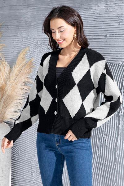 Geometric Button Up Dropped Shoulder Cardigan - Trendsi