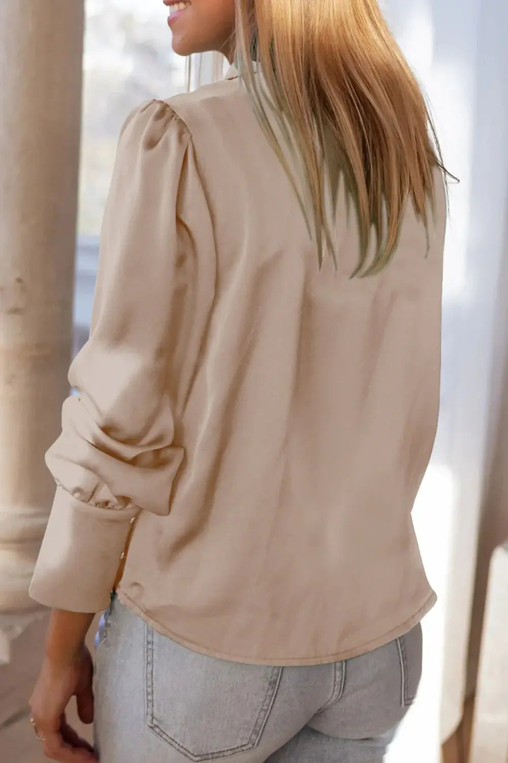 Lapel Collar Buttoned Puff Sleeve Shirt - Trendsi - Flyclothing LLC