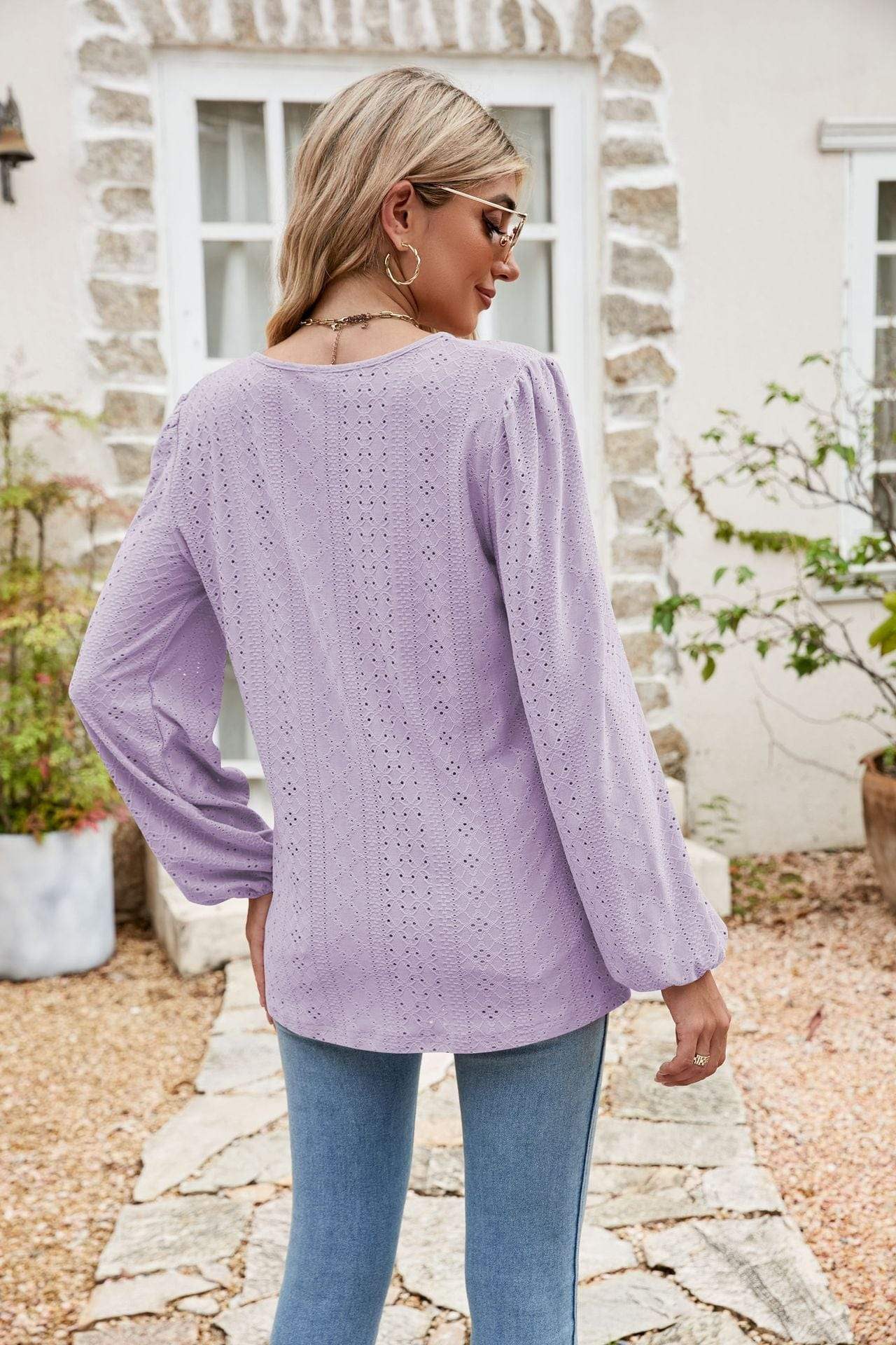Eyelet Notched Neck Balloon Sleeve Blouse - Trendsi - Flyclothing LLC