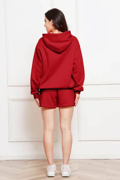 Drop Shoulder Long Sleeve Hoodie and Shorts Set - Trendsi - Flyclothing LLC
