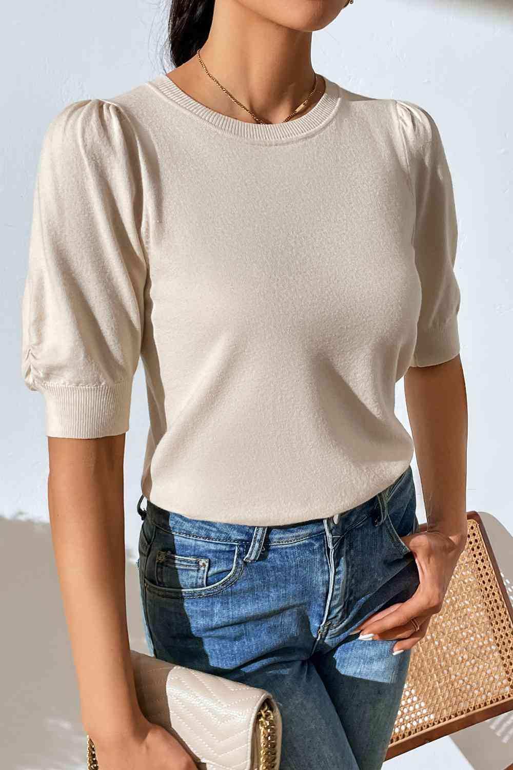 Round Neck Puff Sleeve Knit Top - Trendsi - Flyclothing LLC