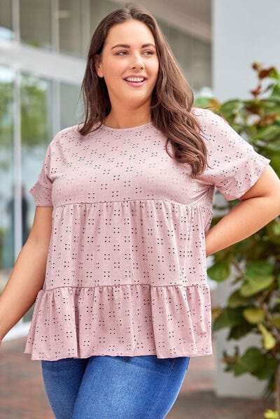 Plus Size Eyelet Round Neck Short Sleeve Blouse - Trendsi - Flyclothing LLC
