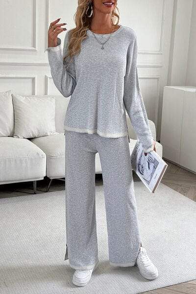 Contrast Trim Round Neck Top and Pants Set - Trendsi - Flyclothing LLC
