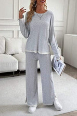 Contrast Trim Round Neck Top and Pants Set - Trendsi - Flyclothing LLC