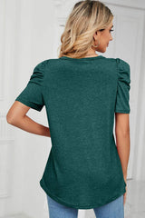 Heathered V-Neck Puff Sleeve T-Shirt - Trendsi - Flyclothing LLC