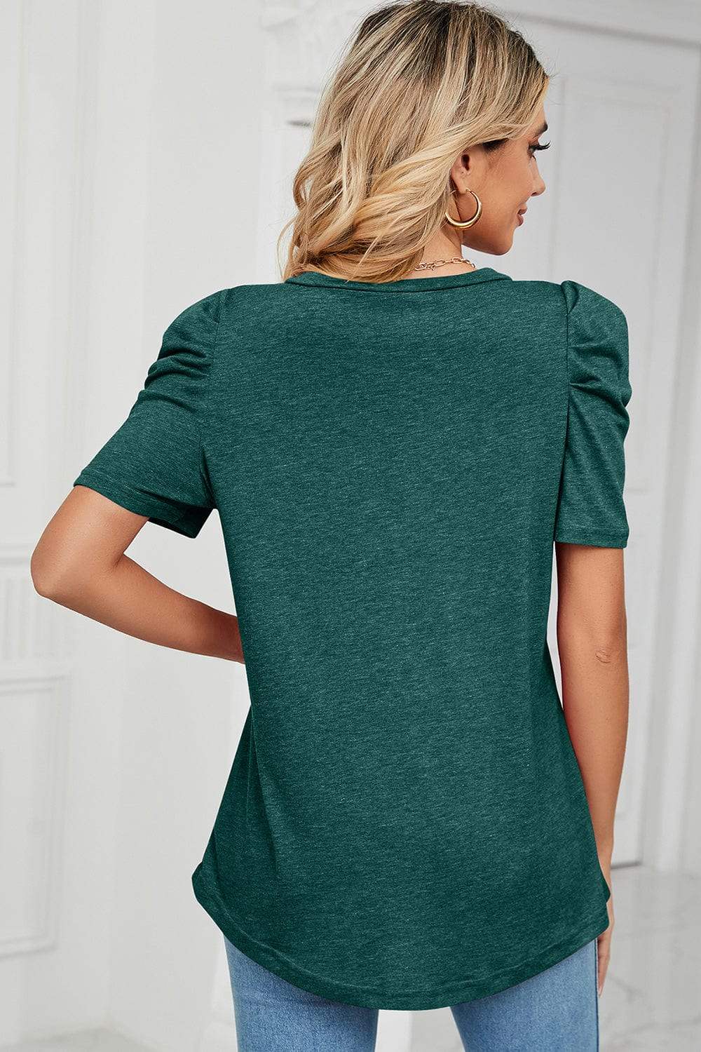 Heathered V-Neck Puff Sleeve T-Shirt - Trendsi - Flyclothing LLC