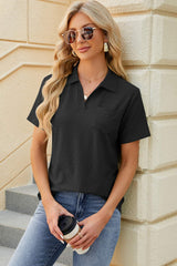 Pocketed Johnny Collar Short Sleeve Blouse - Trendsi - Flyclothing LLC