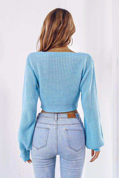 Bow V-Neck Long Sleeve Cropped Sweater - Trendsi - Flyclothing LLC
