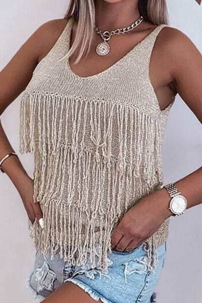 Fringe V-Neck Knit Tank - Trendsi - Flyclothing LLC