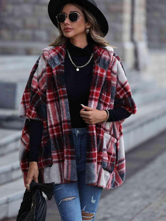Plaid Hooded Coat with Pockets - Trendsi