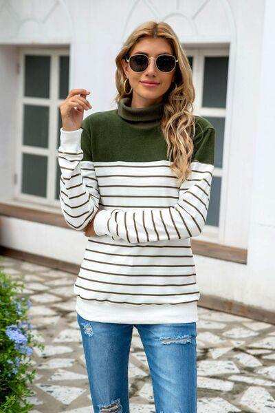Striped Contrast Turtleneck Sweater - Trendsi - Flyclothing LLC