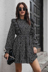 Printed Ruffle Trim Smocked Long Sleeve Mini Dress - Trendsi - Flyclothing LLC