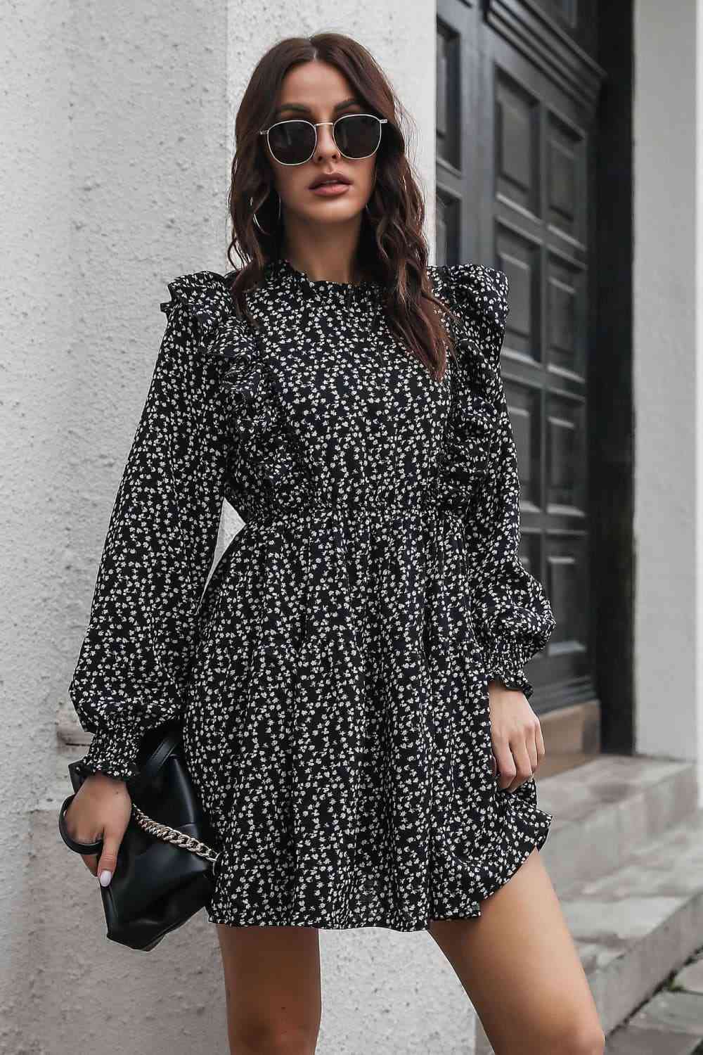 Printed Ruffle Trim Smocked Long Sleeve Mini Dress - Trendsi - Flyclothing LLC