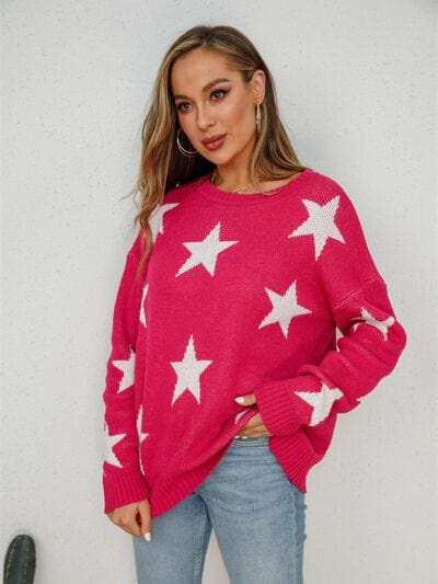 Star Round Neck Dropped Shoulder Sweater - Trendsi - Flyclothing LLC