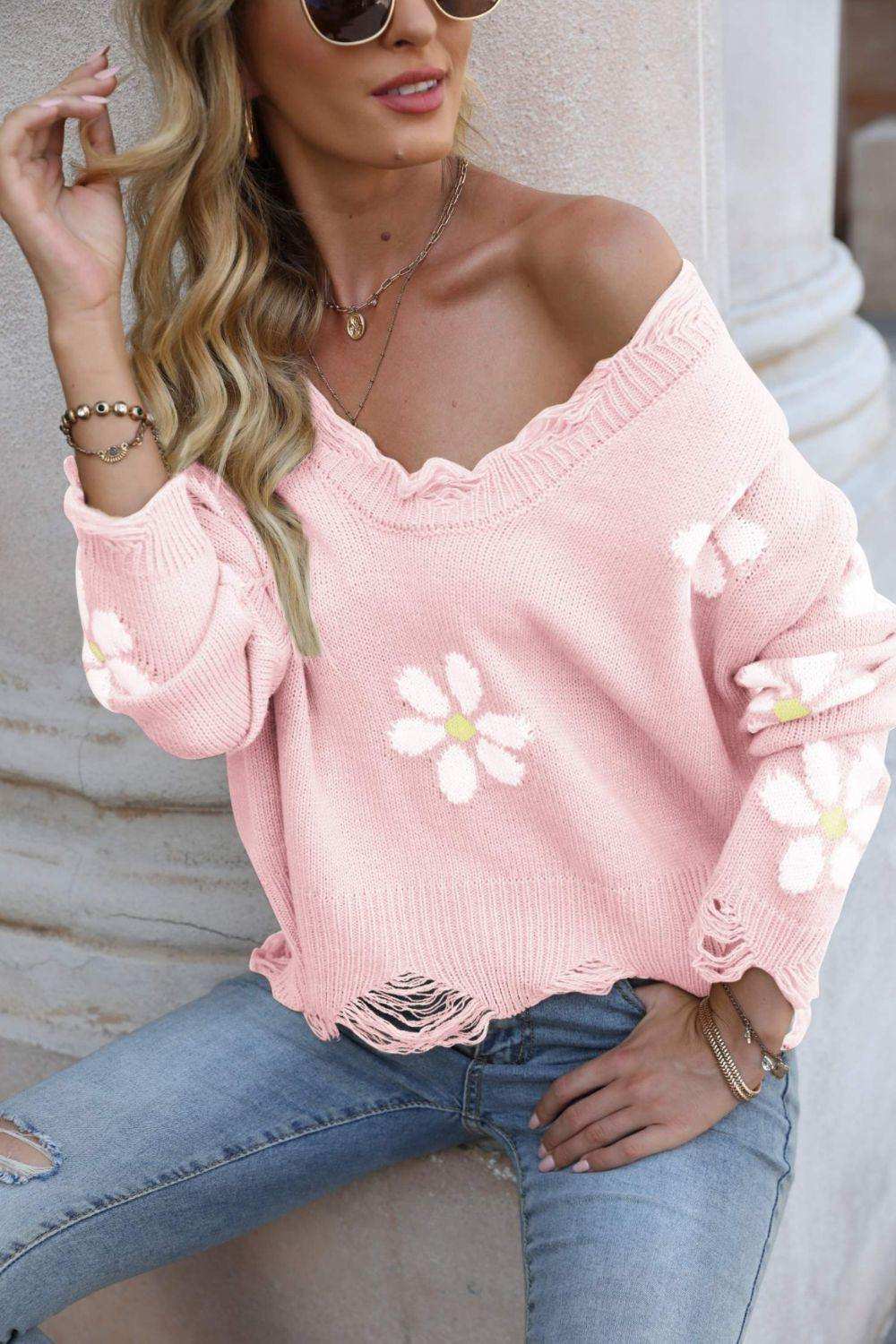 Flower Distressed Ribbed Trim Sweater - Trendsi - Flyclothing LLC