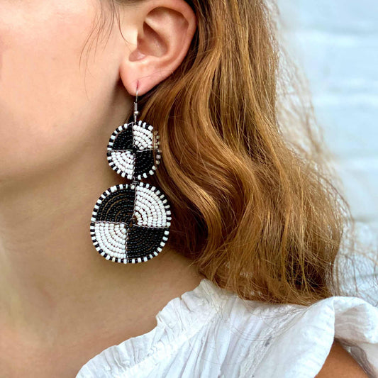 Maasai Bead Double Circle Dangle Earrings, White and Black - Flyclothing LLC